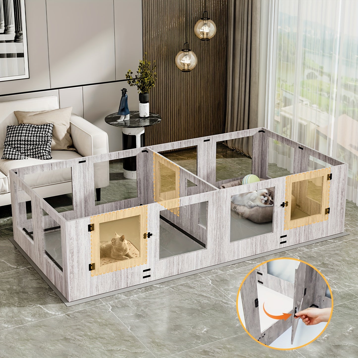 Hondenren – Hondenkennel – Werpkist – Puppyren – Binnenren – Gehard Glas – Transparante Acryl Panelen – 14 Panelen Modulair – Beschermrand Tegen Knellen – 3 Toegangsdeuren – Houten Frame – Veilig & Duurzaam
