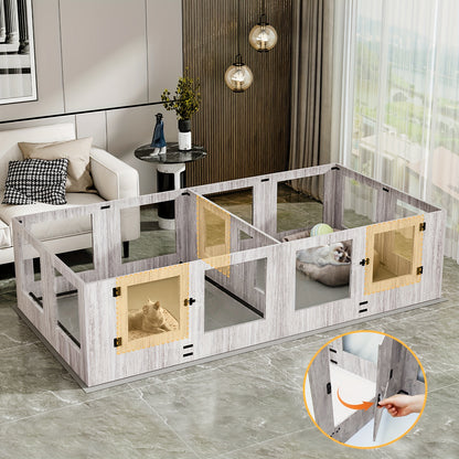 Hondenren – Hondenkennel – Werpkist – Puppyren – Binnenren – Gehard Glas – Transparante Acryl Panelen – 14 Panelen Modulair – Beschermrand Tegen Knellen – 3 Toegangsdeuren – Houten Frame – Veilig & Duurzaam