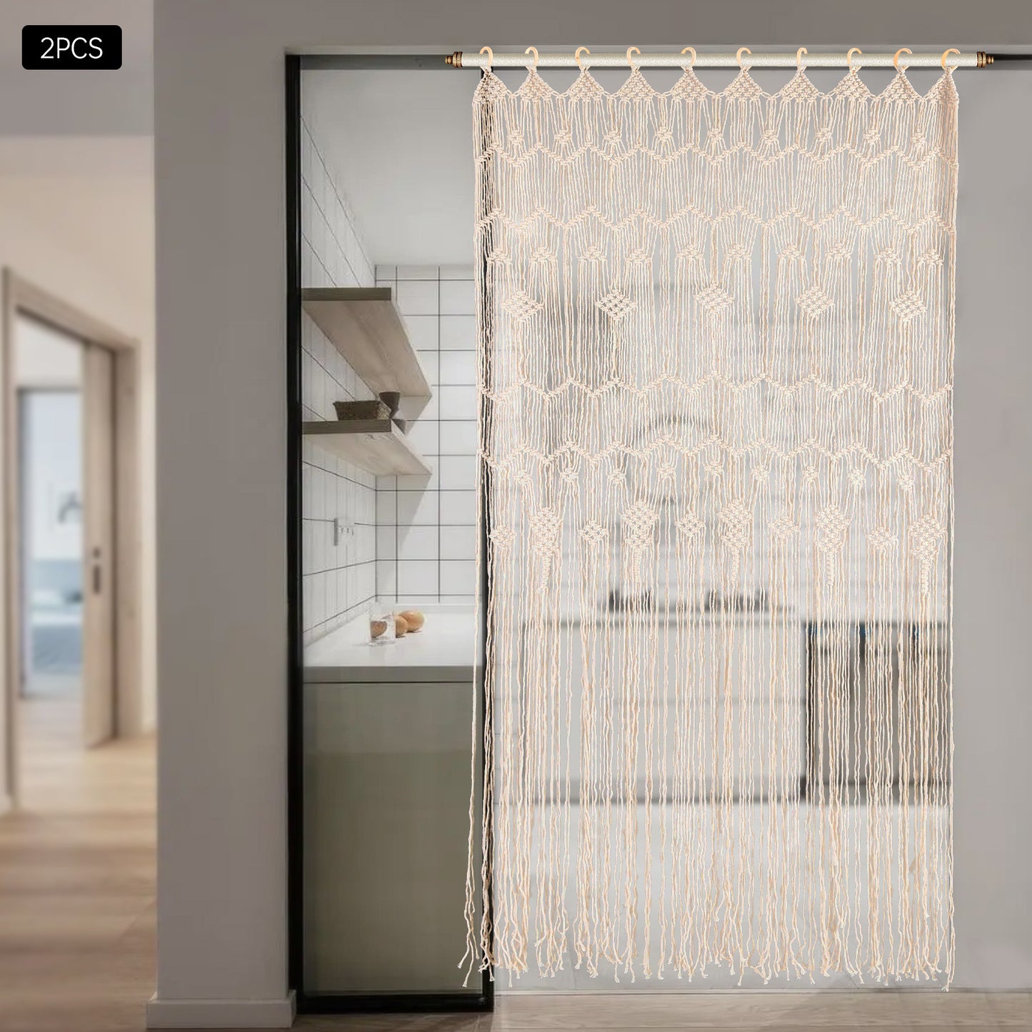Macramé Gordijnen – Boho Gordijnen – Handgemaakte Gordijnen – Kamerscherm – Raamdecoratie – Beige / Naturel – Extra Lang 100x200 cm – Houten Ringen Voor Eenvoudig Ophangen