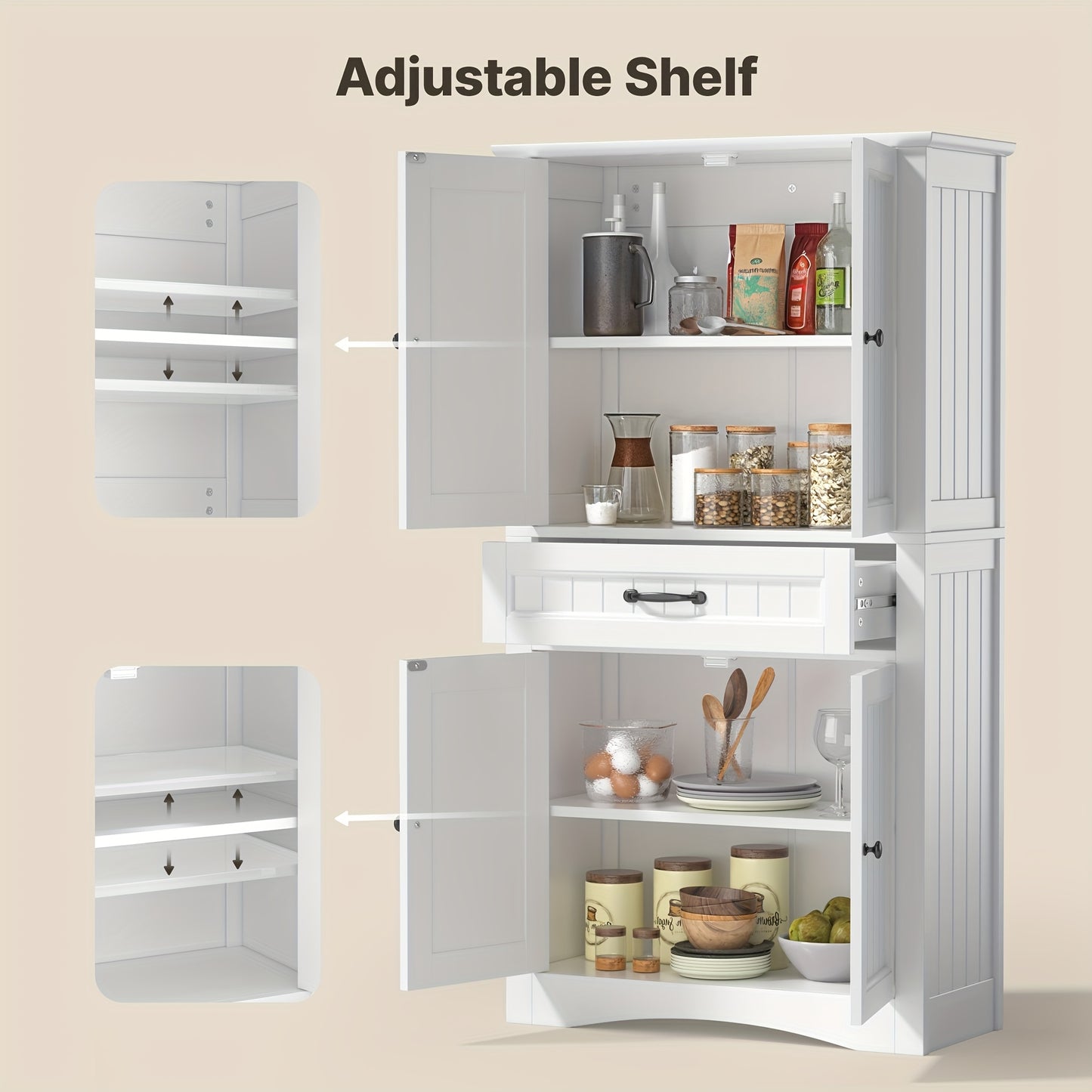 Opbergkast – Voorraadkast – Kastje – Dressoir – Bergkast – Modern – 4 Deuren Met Lade – Verstelbare Planken – Anti-Kiep Veilig – Wit Hout Kunstbord