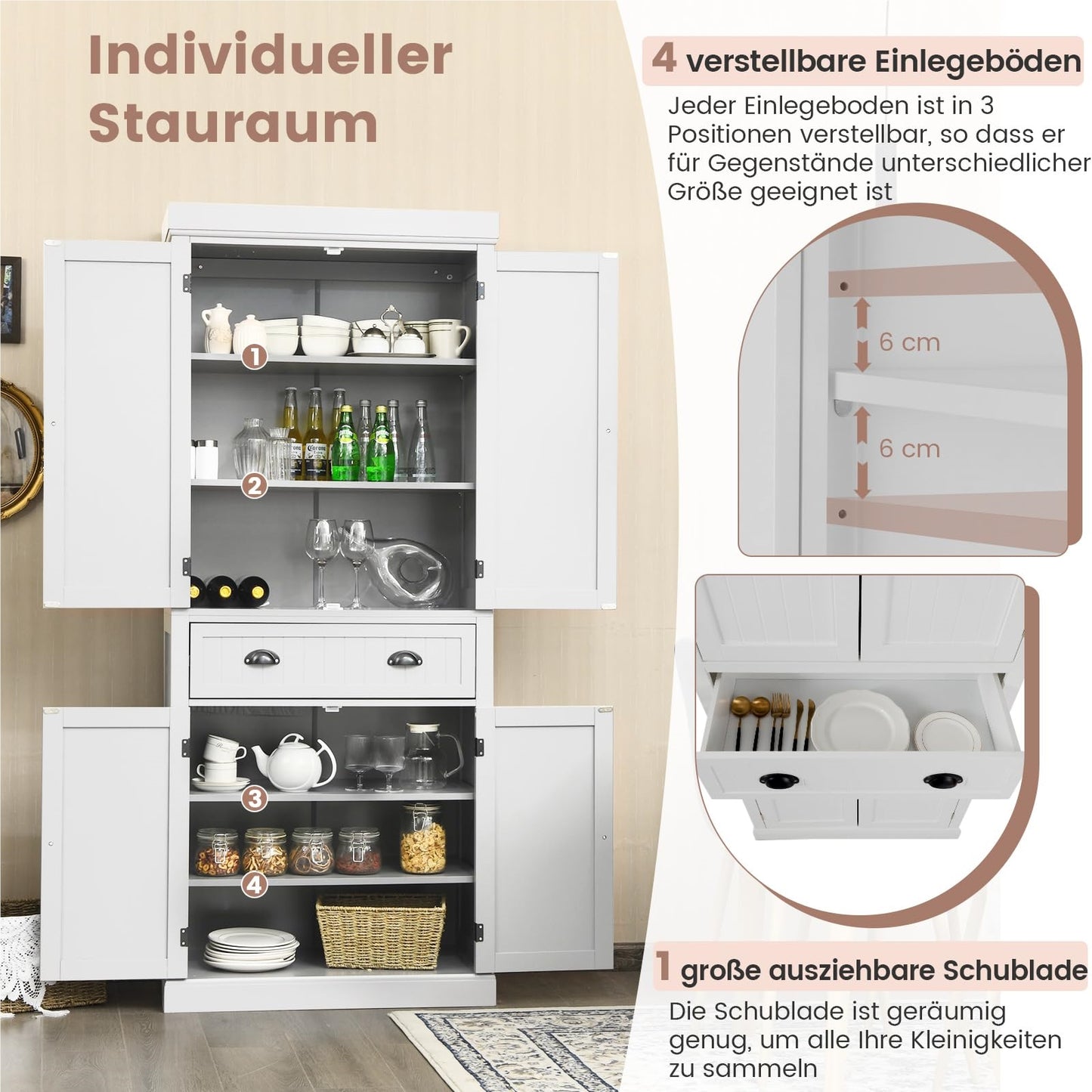 Houten Keukenkast – Keukenkastje – Bergkast – Opbergkast – Dressoir – 4 Deuren en Laden – Verstelbare Planken – Vrijstaande Hoge Kast – Wit – 76x40x183 cm