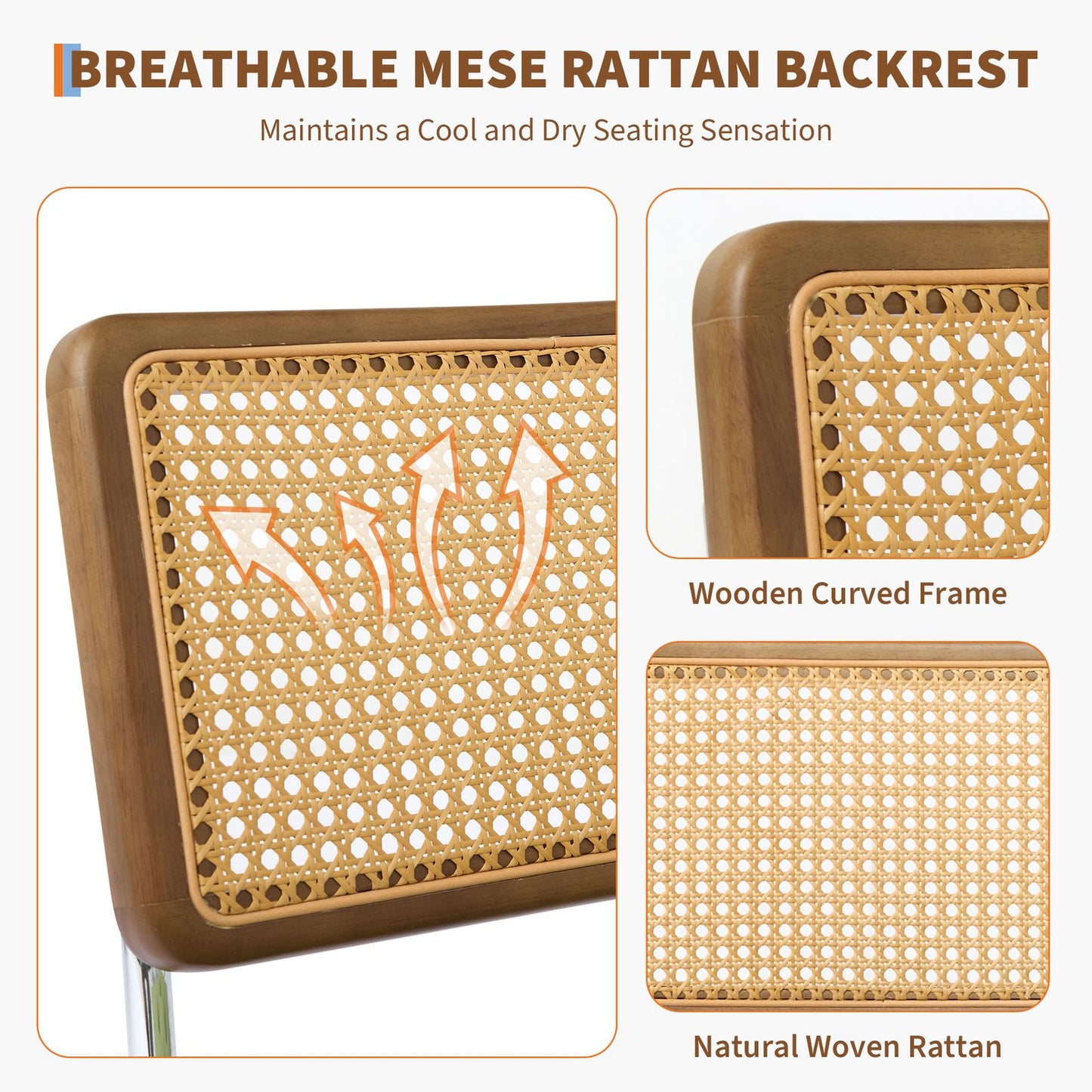 Eetkamerstoelen – Stoelen – Dining Chairs – Zetels – Zitmeubels – Set van 2 Zwarte Mid-Century Modern Boho Stoelen – Houten Frame Met Natuurlijke Rattan Rugleuning – Comfortabele Gestoffeerde Katoenzitting