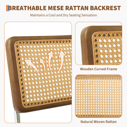 Eetkamerstoelen – Stoelen – Dining Chairs – Zetels – Zitmeubels – Set van 2 Zwarte Mid-Century Modern Boho Stoelen – Houten Frame Met Natuurlijke Rattan Rugleuning – Comfortabele Gestoffeerde Katoenzitting