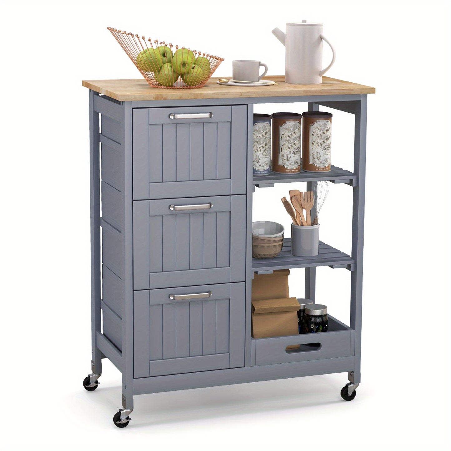 Keukentrolley – Keukenkast – Serveerwagen – Opbergtrolley – Keukenrek – Mobiel met Wieltjes – Rubberwood Werkblad – 3 Lades & Afneembare Planken