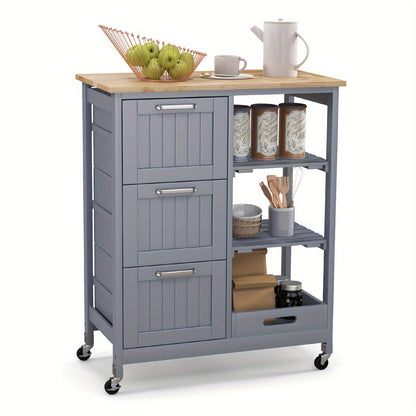 Keukentrolley – Keukenkast – Serveerwagen – Opbergtrolley – Keukenrek – Mobiel met Wieltjes – Rubberwood Werkblad – 3 Lades & Afneembare Planken