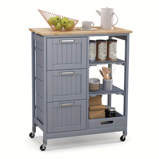 Keukentrolley – Keukenkast – Serveerwagen – Opbergtrolley – Keukenrek – Mobiel met Wieltjes – Rubberwood Werkblad – 3 Lades & Afneembare Planken