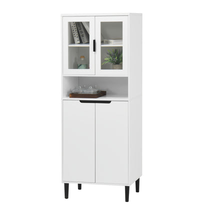 Modern White 4-Door Bookcase with Tempered Glass Doors & Adjustable Shelves - Heavy-Duty Metal Frame & MDF-Free Lacquered Cabinet, Freestanding Storage Shelf for Living Room, Bedroom - Easy Assembly, & Pet- Glass Panels
