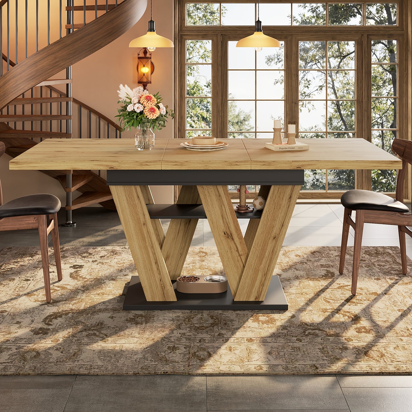 Extendable Dining Table with W-Shaped Legs - Expandable Kitchen Table Suitable for Small Spaces, Pull-Out (119-158.5×80cm), Assembly, Wood Color, Modern Style for Living Room & Dining Room