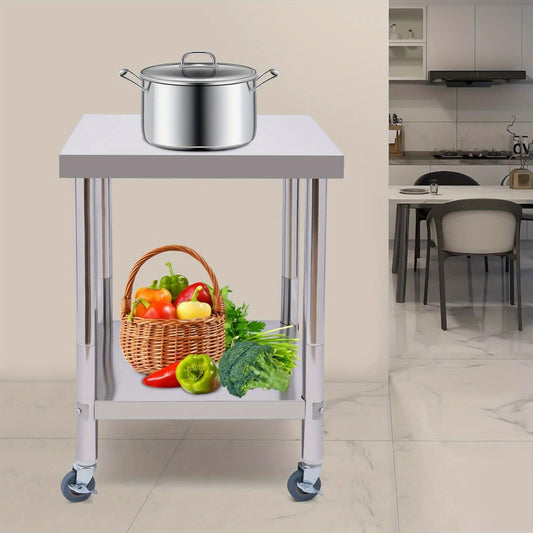 Roestvrijstalen Werkbank – RVS Werktafel – Werkbank Met Wielen – Keukentafel – Gastro Werktafel – 60x60 cm – 2 Niveaus – Draagvermogen 300 kg