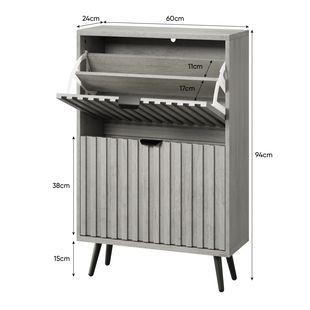 Schoenenkast – Schoenenrek – Opbergkast – Schoenenopberger – Halmeubel – Grijs MDF – 2 Dubbele Klapladen – Compact 60 cm Breed