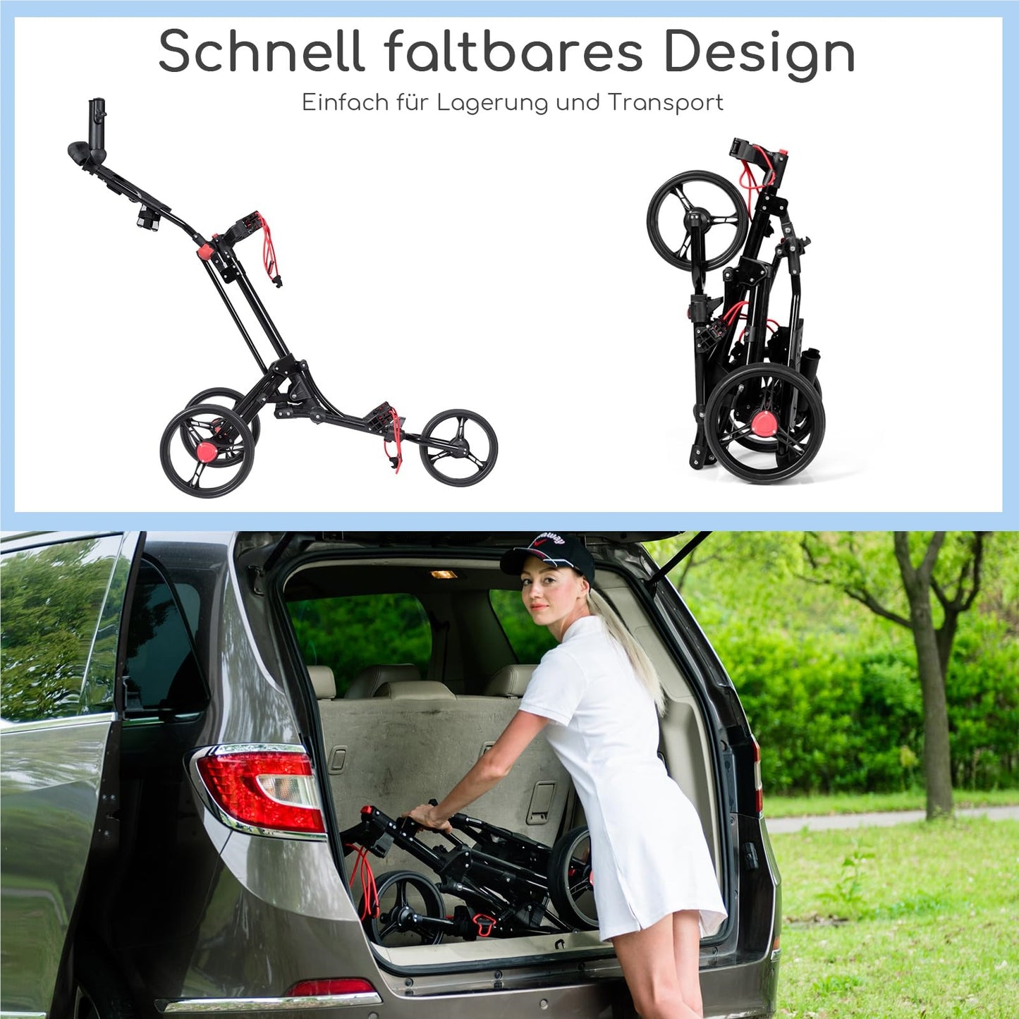 Golftrolley – Golfkar – Golfwagen – Golfcaddy – 3-Wiel Trolley – Aluminium – Inklapbaar met Parapluhouder & T-Stukhouder – Zwart