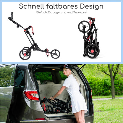 Golftrolley – Golfkar – Golfwagen – Golfcaddy – 3-Wiel Trolley – Aluminium – Inklapbaar met Parapluhouder & T-Stukhouder – Zwart