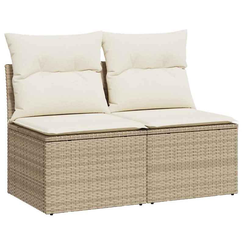 2pcs Beige Poly Rattan Outdoor Sofa Set with Cushions - All-Weather Durable Garden Furniture, Beige & Acacia Brown Wicker-like Texture, Low-Maintenance Patio Couch for Balcony, Poolside, Backyard - Comfortable Seating for Ind