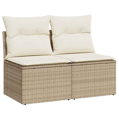 2pcs Beige Poly Rattan Outdoor Sofa Set with Cushions - All-Weather Durable Garden Furniture, Beige & Acacia Brown Wicker-like Texture, Low-Maintenance Patio Couch for Balcony, Poolside, Backyard - Comfortable Seating for Ind