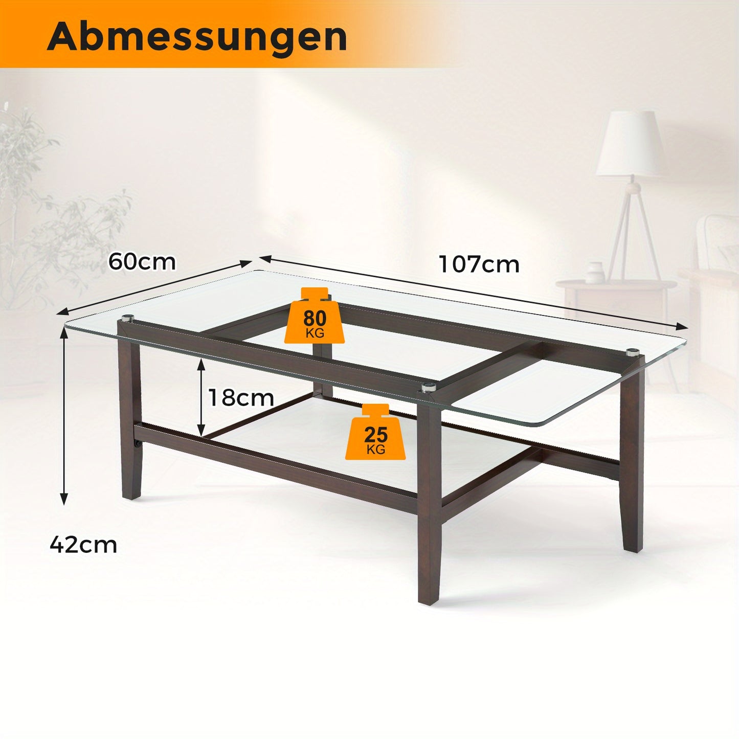 Salontafel – Koffietafel – Woonkamertafel – Bijzettafel – Tafel – Gehard Glasblad – 2-Tier Opbergruimte – Stevige Rubberhouten Poten – 107 x 60 x 42 cm – Mdf Frame