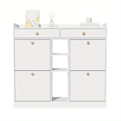 Schoenkast met 4 Openslaande Deuren & 2 Laden – 110 × 26 × 100 cm – Modern Opbergmeubel voor Hal, Woonkamer of Gang
