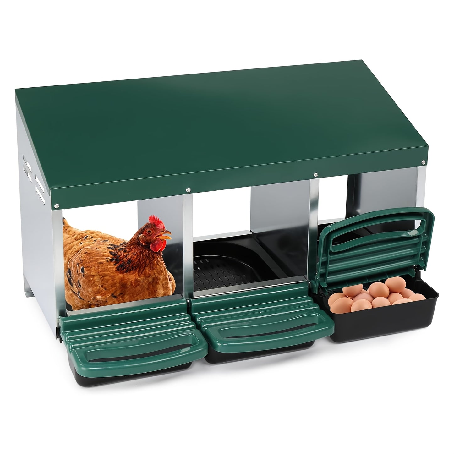 Heavy-Duty Galvanized Steel Chicken Nesting Box with Pull-Out Egg Tray - Outdoor/Indoor hen house, Ventilated Sloped Egg Collector, Easy-Clean Design, No Wiring Needed - for Backyard, Farm, or Commercial Poultry - Egg Protect