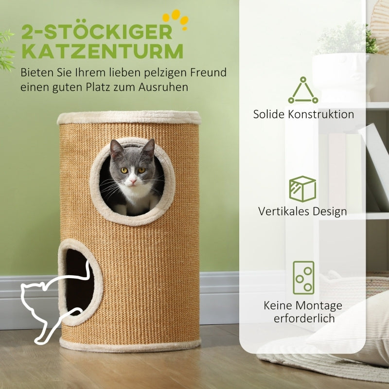 Krabpaal – Kattenboom – Krabton – Kattenmeubel – Kattentoren – Pluche Bekleding – Sisal Kraboppervlak – 35 x 60 cm – Geschikt Tot 10 kg – Bruin-Beige