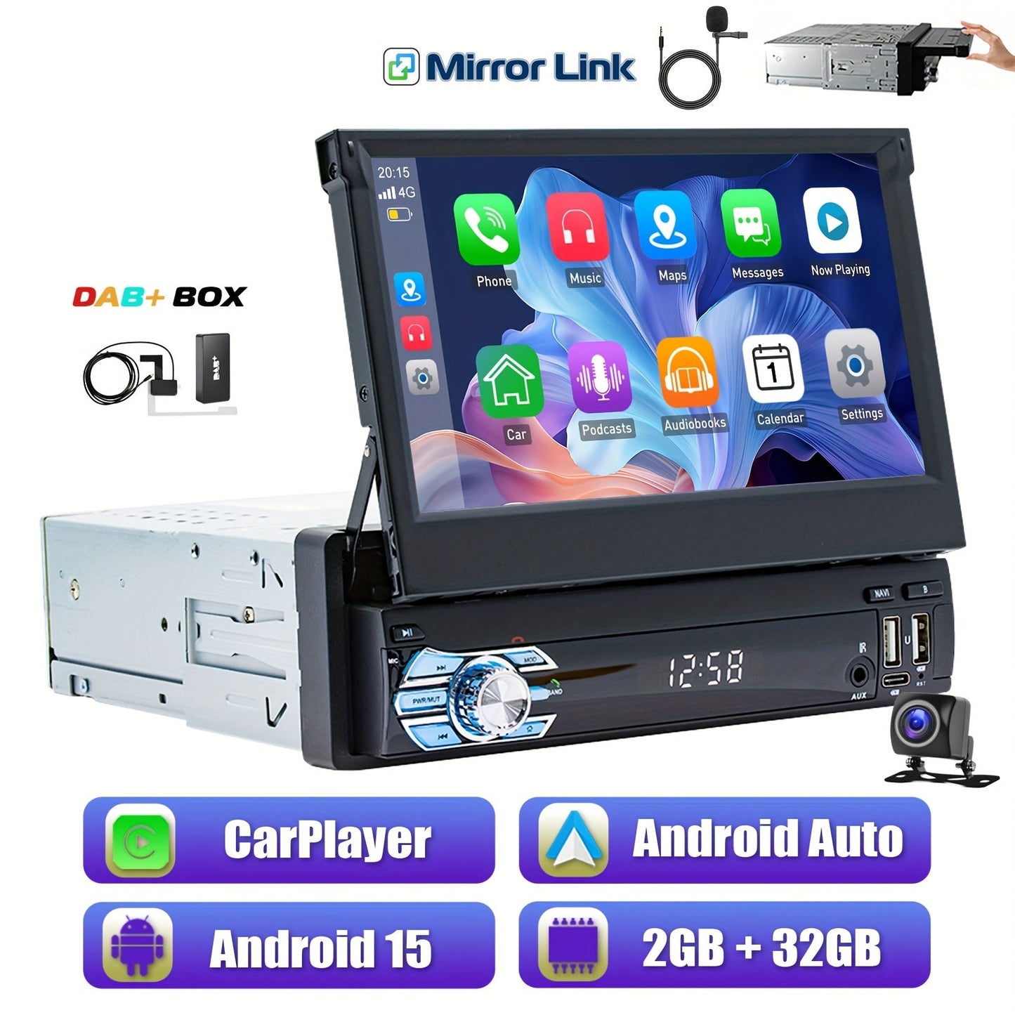 Autoradio 7 Inch – Android Auto – DAB+ Radio – Touchscreen Autoradio – Multimedia Systeem – Met Achteruitrijcamera & Microfoon – Android 15 Systeem – Uitschuifbaar IPS Scherm