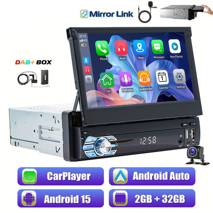 Autoradio 7 Inch – Android Auto – DAB+ Radio – Touchscreen Autoradio – Multimedia Systeem – Met Achteruitrijcamera & Microfoon – Android 15 Systeem – Uitschuifbaar IPS Scherm