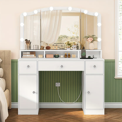 Kaptafel – Make-uptafel – Beautytafel – Toiletmeubel – Dressoir – Wit – Driedelige Vouwspiegel – 10 LED Lampen en Stopcontacten