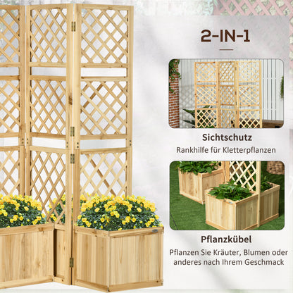 Tuinscherm – Privacy Scherm – Tuinafscheiding – Vouwscherm – Bloembak Scherm – Drievoudig Vouwbaar – Natuurlijk Hout – 133x62x165 cm – 4 Geïntegreerde Bloembakken