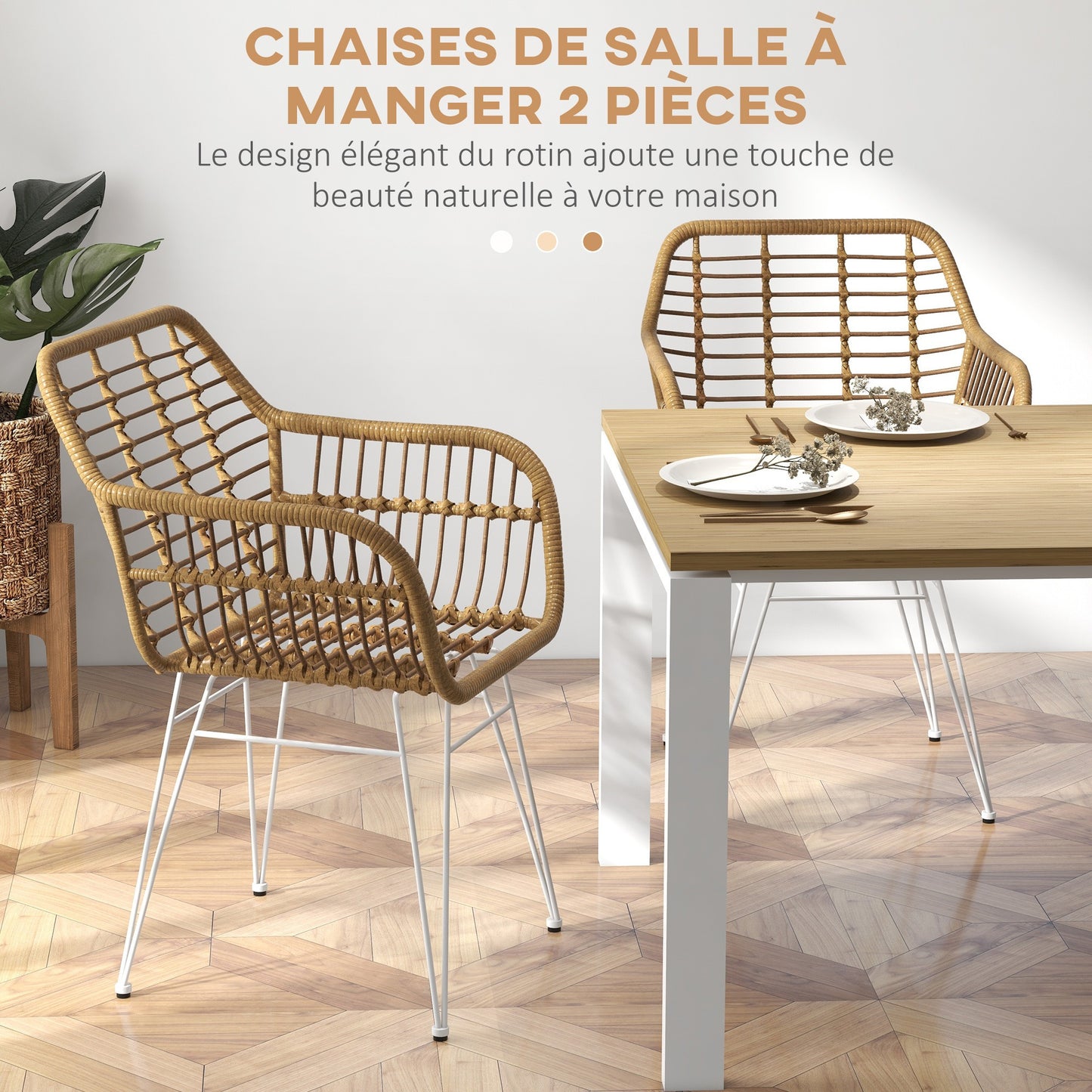 Eetkamerstoel – Keukenstoel – Serrestoel – Stoel Met Armleuningen – Bohemian Design – Resin Zitting – Gevlochten Stalen Onderstel – Ergonomische Rugleuning – Antislip Pads – Wit – Set Van 2