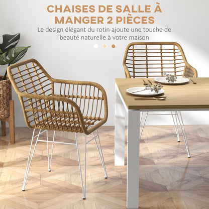 Eetkamerstoel – Keukenstoel – Serrestoel – Stoel Met Armleuningen – Bohemian Design – Resin Zitting – Gevlochten Stalen Onderstel – Ergonomische Rugleuning – Antislip Pads – Wit – Set Van 2