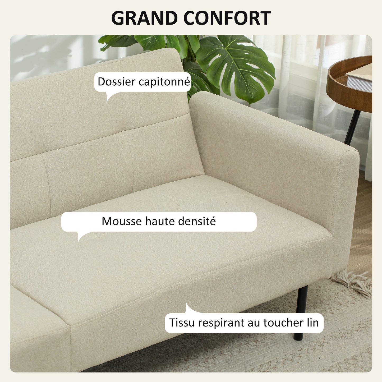Bankbed – Slaapbank – Bedbank – Zetelbed – Logeerbed – 3-Zits – Verstelbare Rugleuning – Beige Linnenstof – Click-Clack Mechanisme – Zijvakjes