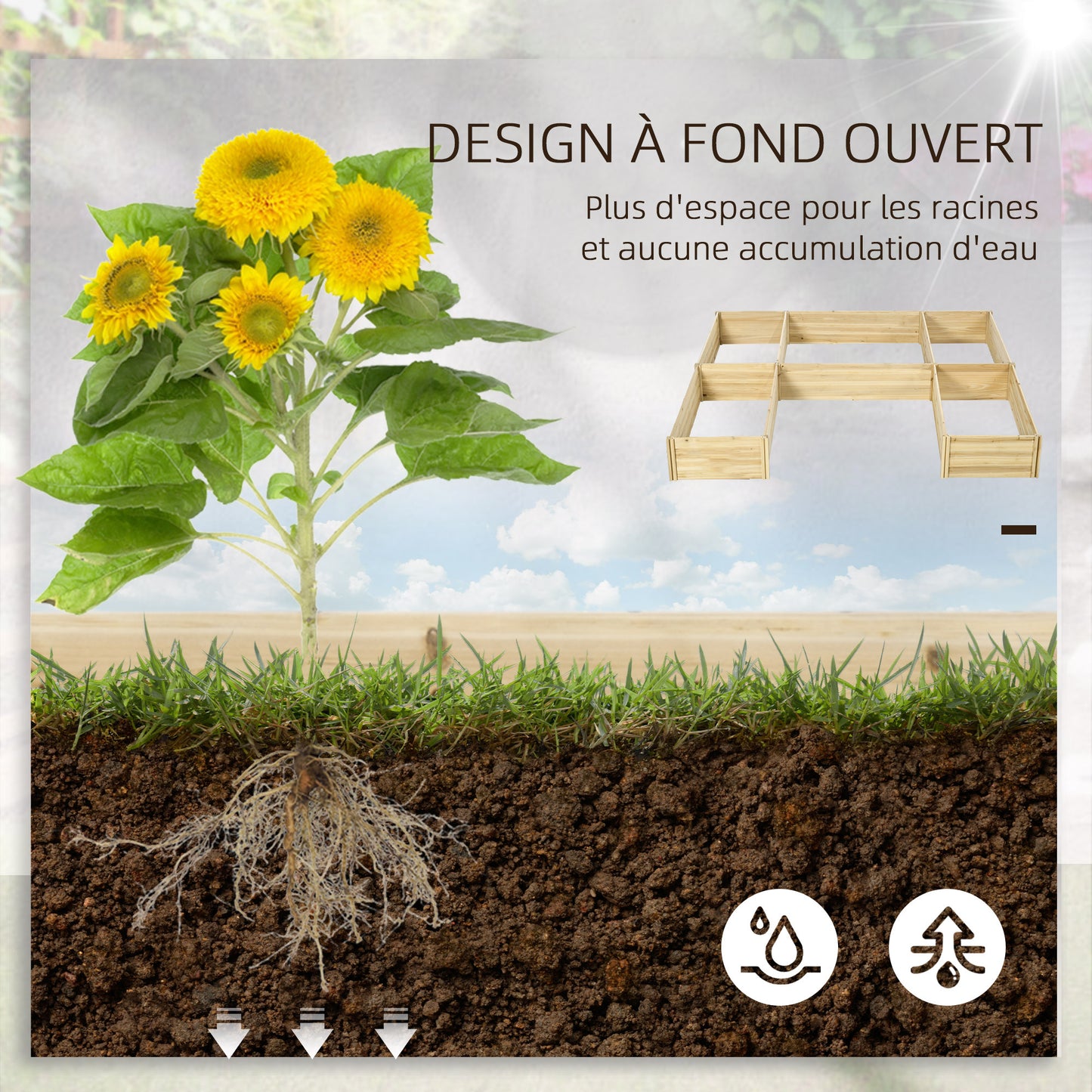 Outsunny Set of 5 Planters Convertible Planters Outdoor Wooden Planter Pre-Oiled, Dim. 230L x 230W x 28H cm Natural Wood