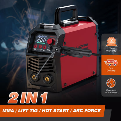 ARCCAPTAIN Heavy-Duty 200A ARC/TIG/MMA Welding Machine with Large LED Display, Synergic Control & IGBT Inverter - Portable Welder with Hot Start, Arc Force & Anti-Stick Function, Overload & Overheat, 220-240V (Global Voltage)