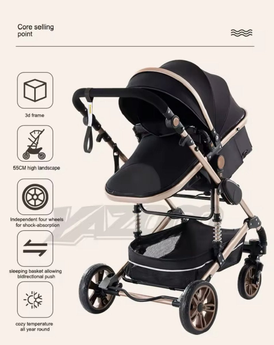 Multifunctionele 3-in-1 Combi Wandelwagen - Opvouwbare Wandelwagen - Autostoel - Inclusief Mamatas - Zwart Goud