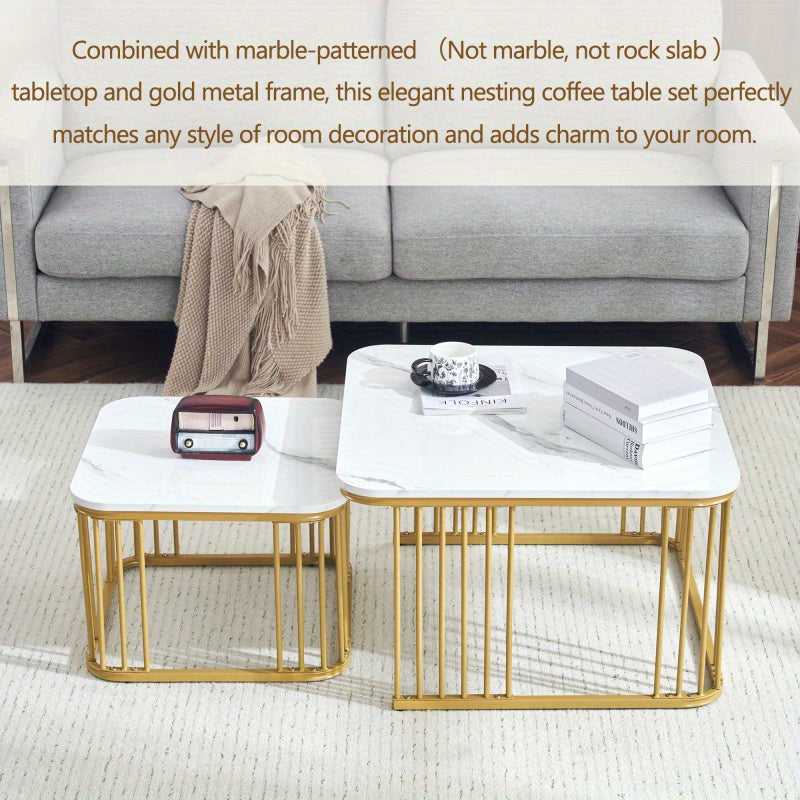 Salontafel Set – Bijzettafel – Tafeltje – Woonkamertafel – Tafel Vierkant – Hoogglans Marmerlook – Gouden Poten – Verstelbare Voetjes – MDF – 70x70x45 & 50x50x36,5 cm