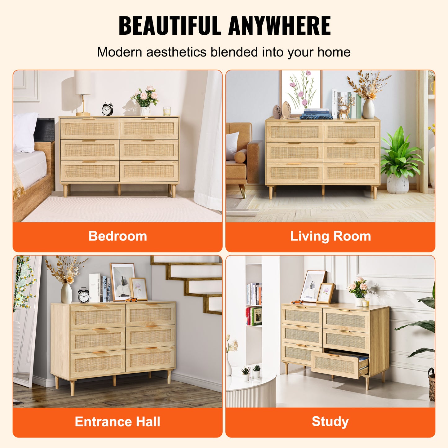 Rattan Commode – Ladekast – Kast – Dressoir – Opbergkast – Naturel Hout – 6 Ruime Lades Met Duurzaam Rattan En Anti-Omvalbeveiliging