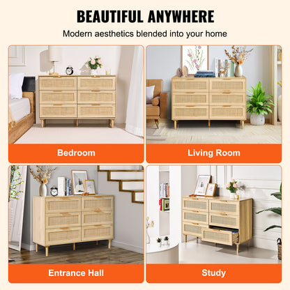 Rattan Commode – Ladekast – Kast – Dressoir – Opbergkast – Naturel Hout – 6 Ruime Lades Met Duurzaam Rattan En Anti-Omvalbeveiliging