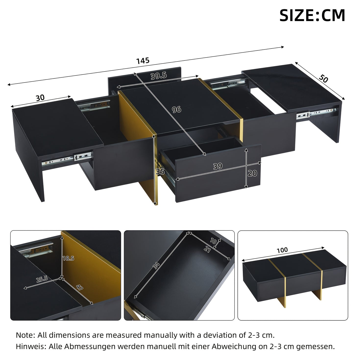 Salontafel – Koffietafel – Woonkamertafel – Bijzettafel – Uitschuifbare Tafel – Zwart – 4 Lades – Gouden Poot – Multifunctioneel – Laag Profiel