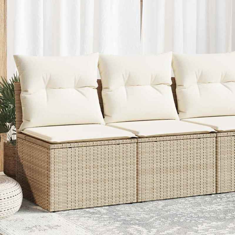 2pcs Beige Poly Rattan Outdoor Sofa Set with Cushions - All-Weather Durable Garden Furniture, Beige & Acacia Brown Wicker-like Texture, Low-Maintenance Patio Couch for Balcony, Poolside, Backyard - Comfortable Seating for Ind
