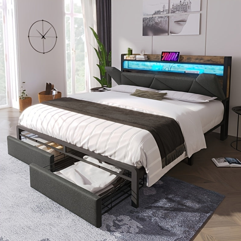 Bedframe – Bedframe Zonder Montage – Slaapbank – Bedframe Met Zijtafel – Slaapoplossing – Modern Grijs Bamboe – Stevig En Duurzaam – Geen Matras Nodig