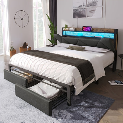Bedframe – Bedframe Zonder Montage – Slaapbank – Bedframe Met Zijtafel – Slaapoplossing – Modern Grijs Bamboe – Stevig En Duurzaam – Geen Matras Nodig