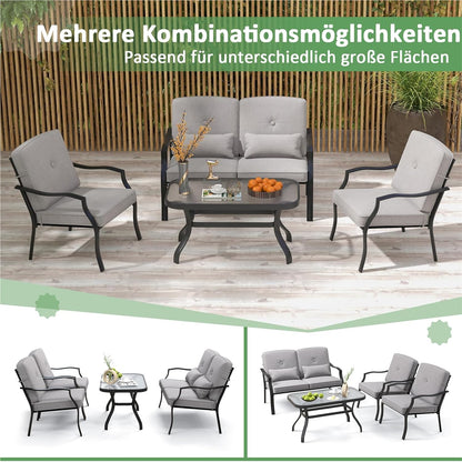 Tuinmeubelset – Loungeset – Tuinbank – Tuinstoelen – Salontafel – Zwart Metalen Frame – Comfortabele Grijze Kussens