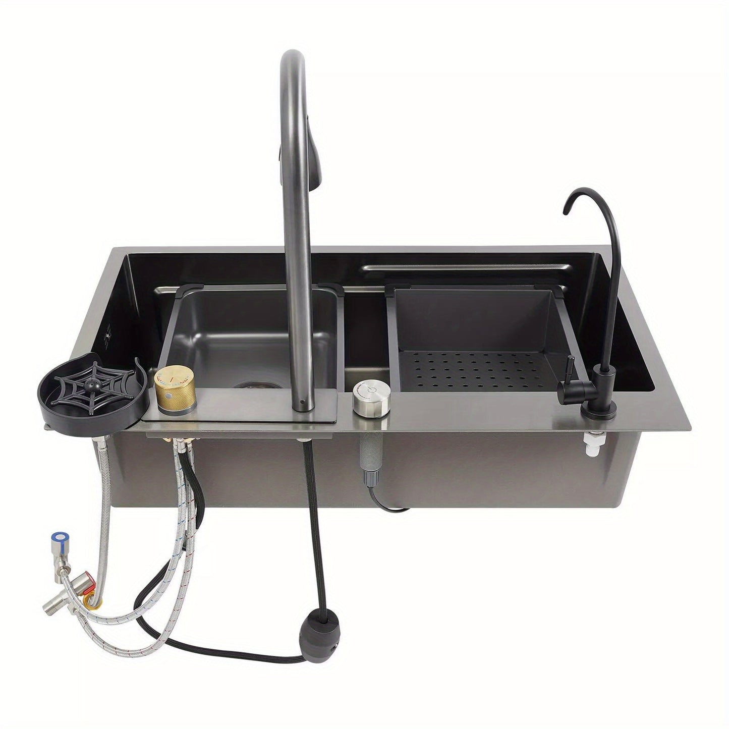 Keukenspoelbak – Gootsteen – Wasbak – Spoelbak – Enkele Spoelbak – RVS – Matzwart – Groot Enkelvoudig Bassin 75x45 cm – Inclusief Afdruipblad en Uittrekbare Kraan