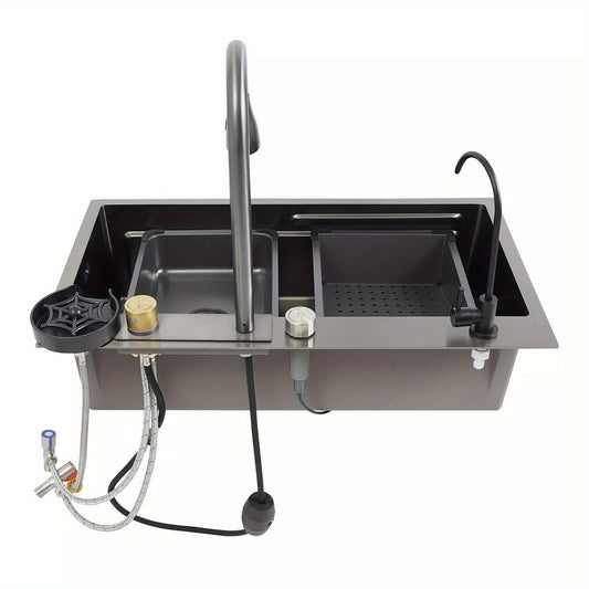 Keukenspoelbak – Gootsteen – Wasbak – Spoelbak – Enkele Spoelbak – RVS – Matzwart – Groot Enkelvoudig Bassin 75x45 cm – Inclusief Afdruipblad en Uittrekbare Kraan