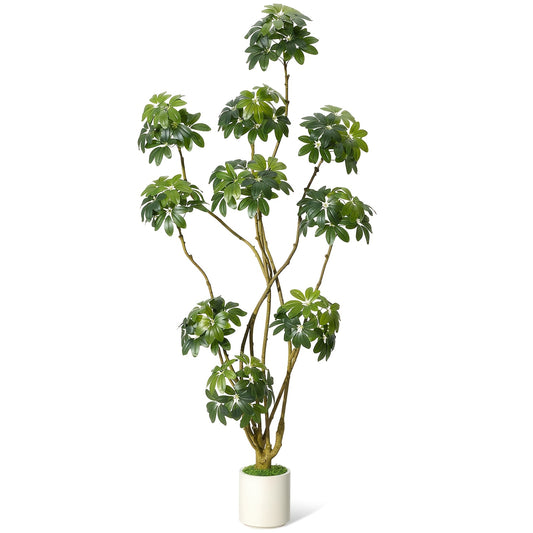Kunstboom Schefflera – Kunstplant – Nepplant – Kunstboom Binnen – Kunstboom Buiten – 213 cm Hoog – Onderhoudsvrij – Duurzaam Kunststof – Inclusief Plantenbak