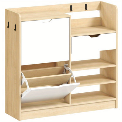 Shoe Cabinet, Suitable for Hallways, Featuring a Lift-up Drawer, Open Shelving and Four Hooks, Accommodating up to Fourteen Pairs of Shoes, Natural Finish.