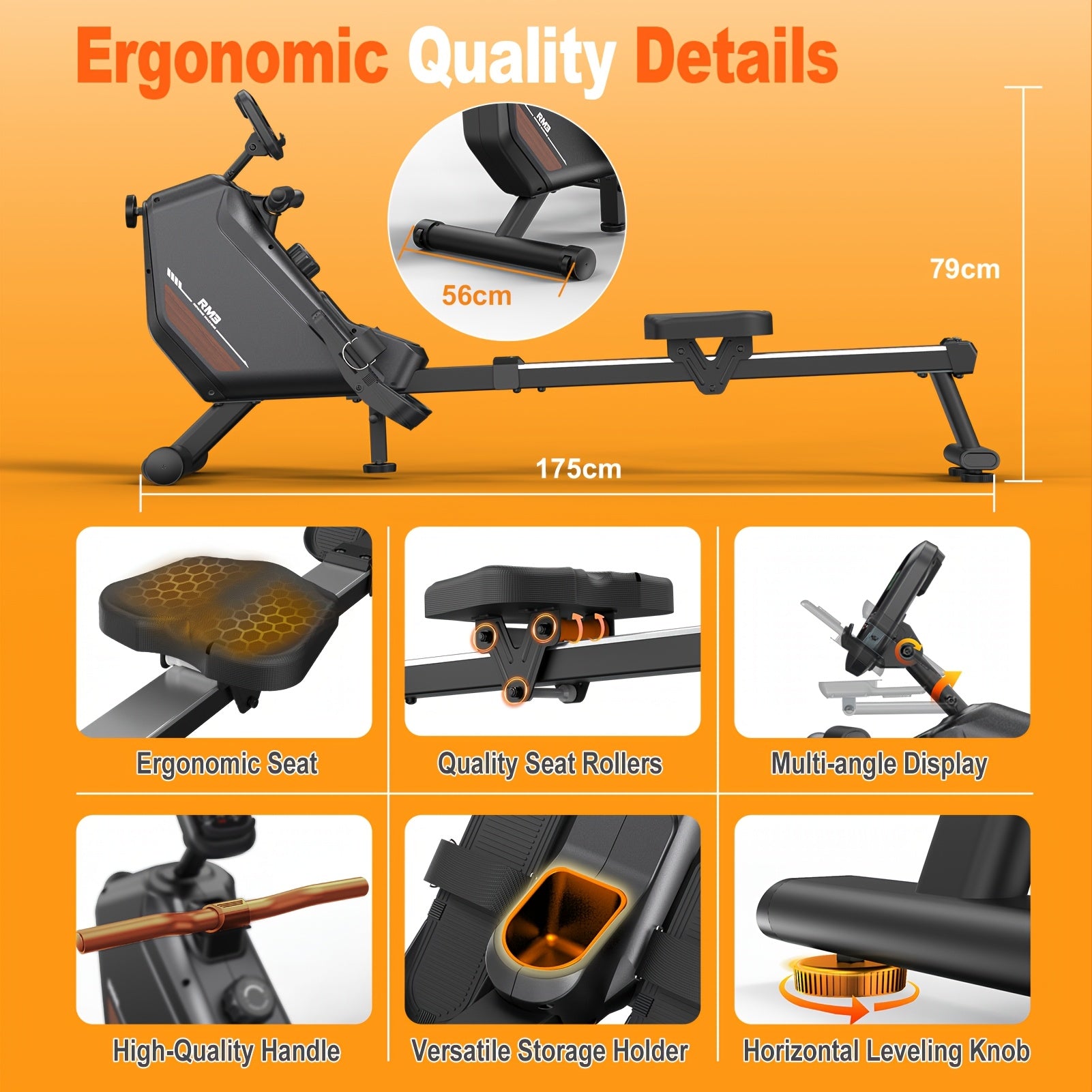 Roeitrainer – Roeimachine – Fitnessapparaat – Thuisfitness – Inklapbaar – 16 Weerstandsniveaus – Draadloze Verbinding - Zwart - QUORE
