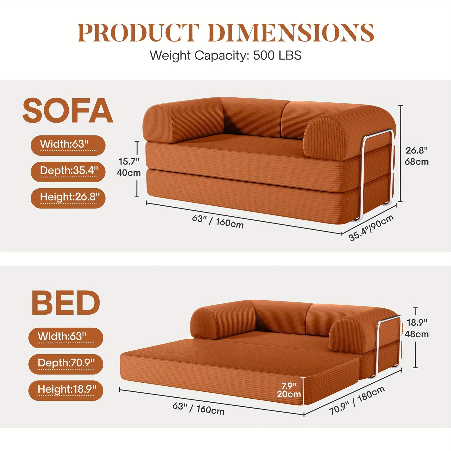 Corduroy Slaapbank – Slaapsofa – Bedbank – Uitklapbare Bank – 3-Zits Sofa – Modern Design – Metaal Frame – Hoogwaardig Schuim – Space-Saving 200cm Bruin