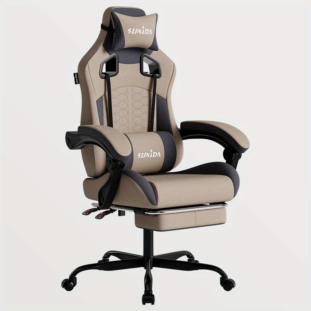 Gamingstoel – Esports Stoel – Ergonomische Bureaustoel – Racestoel – Gamingfauteuil – Verstelbare Rugleuning – Voetensteun – Hoogwaardig PU-leer – Beige Grijs