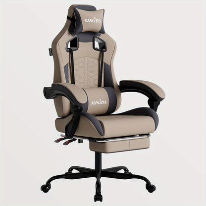Gamingstoel – Esports Stoel – Ergonomische Bureaustoel – Racestoel – Gamingfauteuil – Verstelbare Rugleuning – Voetensteun – Hoogwaardig PU-leer – Beige Grijs