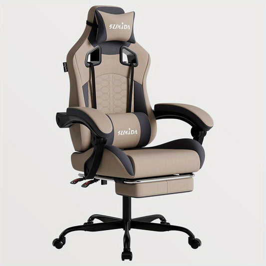 Gamingstoel – Esports Stoel – Ergonomische Bureaustoel – Racestoel – Gamingfauteuil – Verstelbare Rugleuning – Voetensteun – Hoogwaardig PU-leer – Beige Grijs