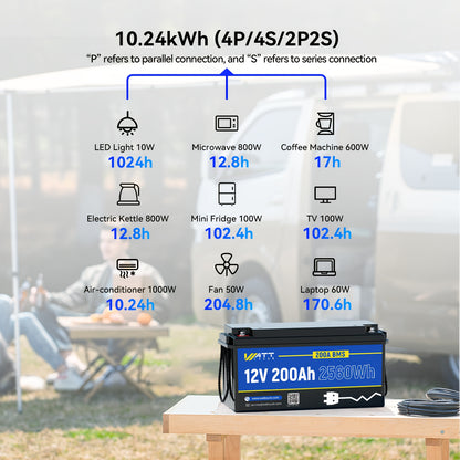 Lithiumaccu – Lithium Batterij – LiFePO4 Accu – Camper Accu – Boot Accu – 12V 200Ah Capaciteit – 800A Piekvermogen & Geavanceerd BMS Veiligheidsysteem